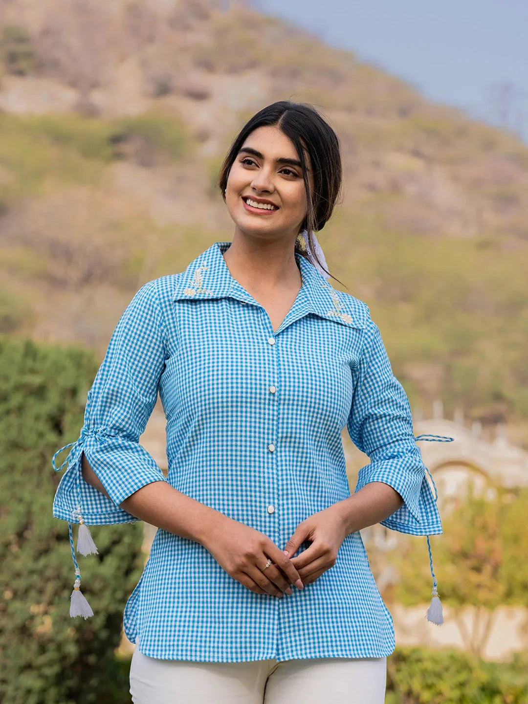Yufta Sky Blue Cotton Checks Printed Embroidery Top