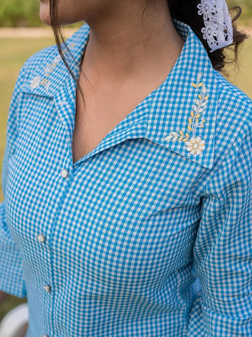 Yufta Sky Blue Cotton Checks Printed Embroidery Top