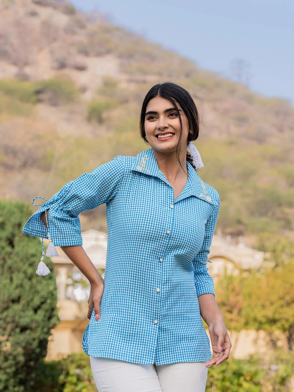 Yufta Sky Blue Cotton Checks Printed Embroidery Top