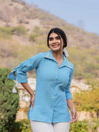 Yufta Sky Blue Cotton Checks Printed Embroidery Top