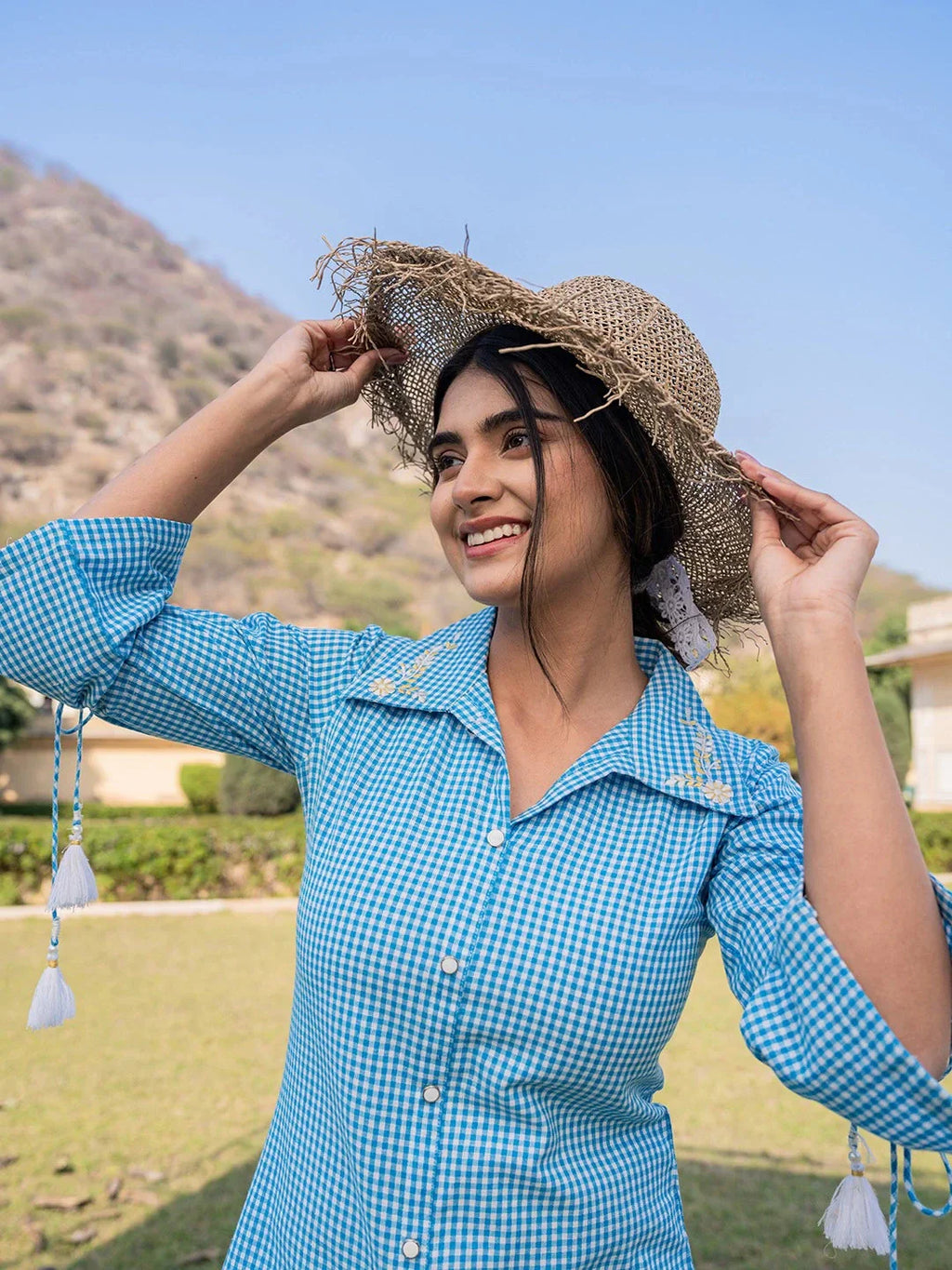 Yufta Sky Blue Cotton Checks Printed Embroidery Top