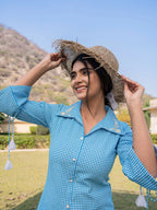 Yufta Sky Blue Cotton Checks Printed Embroidery Top