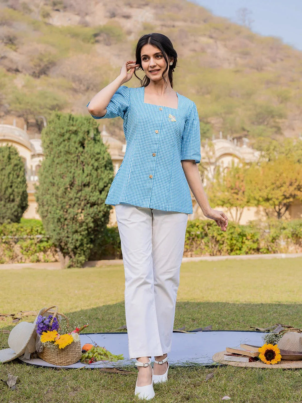 Yufta Sky Blue Cotton Checks Printed Top