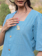 Yufta Sky Blue Cotton Checks Printed Top