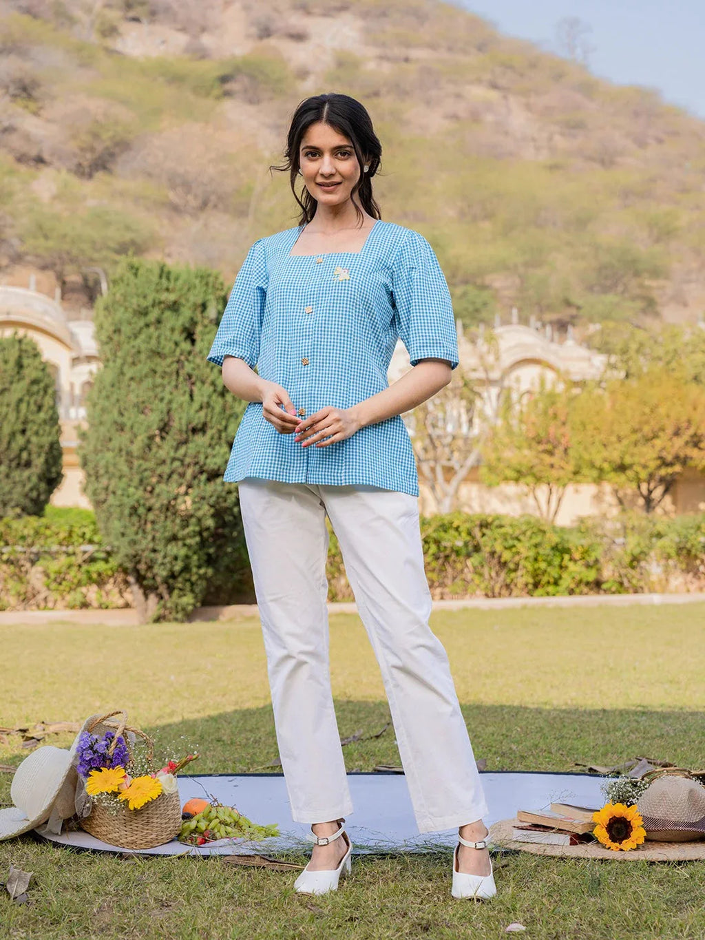 Yufta Sky Blue Cotton Checks Printed Top