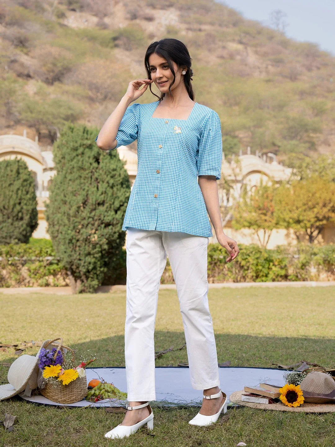 Yufta Sky Blue Cotton Checks Printed Top