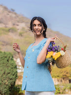 Yufta Sky Blue Cotton Checks Printed Top