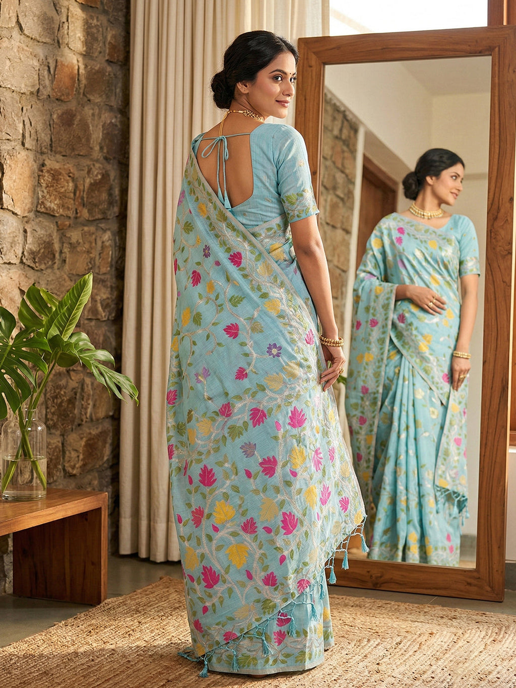 Anaita Sky Blue Linen Woven Work Saree With Blouse - Distacart