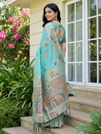 Anaita Sky Blue Linen Woven Work Saree With Blouse - Distacart