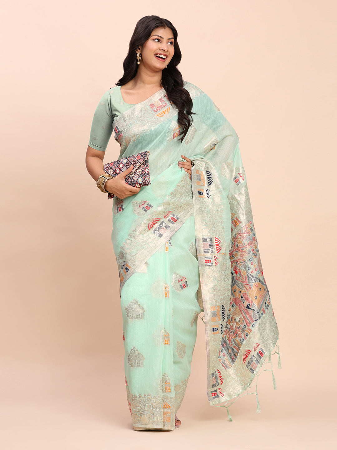Anaita Sky Blue Linen Woven Work Saree With Blouse - Distacart