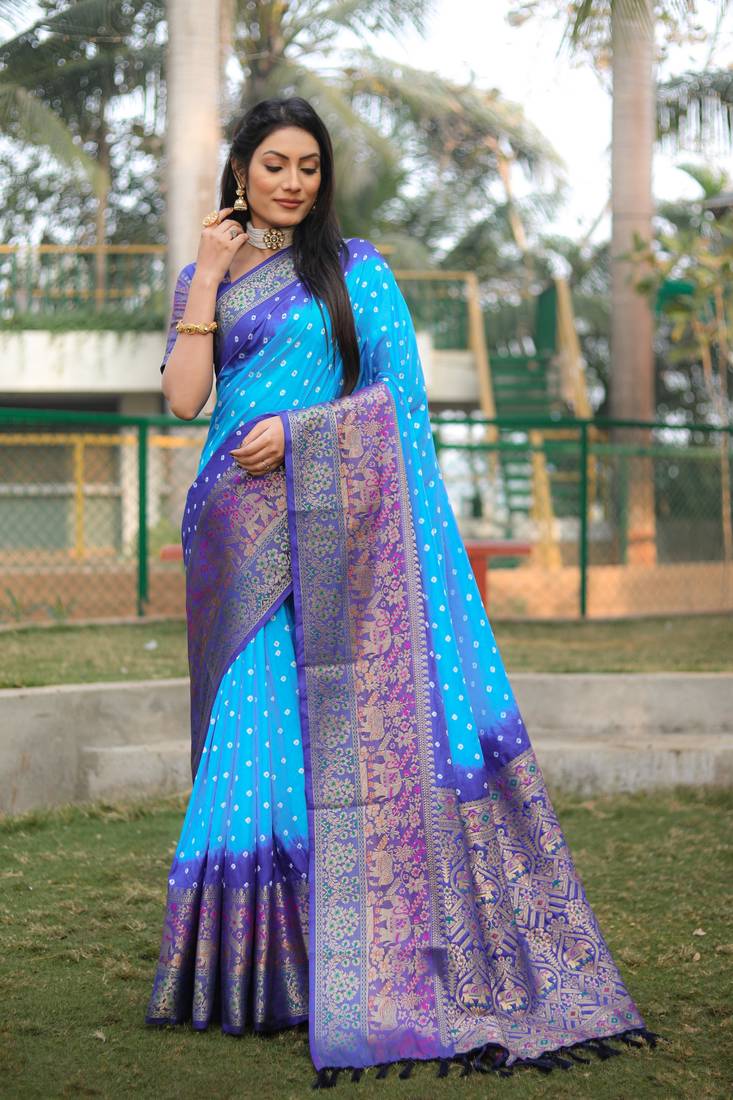 Anaita Sky Blue Woven Design Pure Bandhej Kanjivaram Soft Silk Saree - Distacart