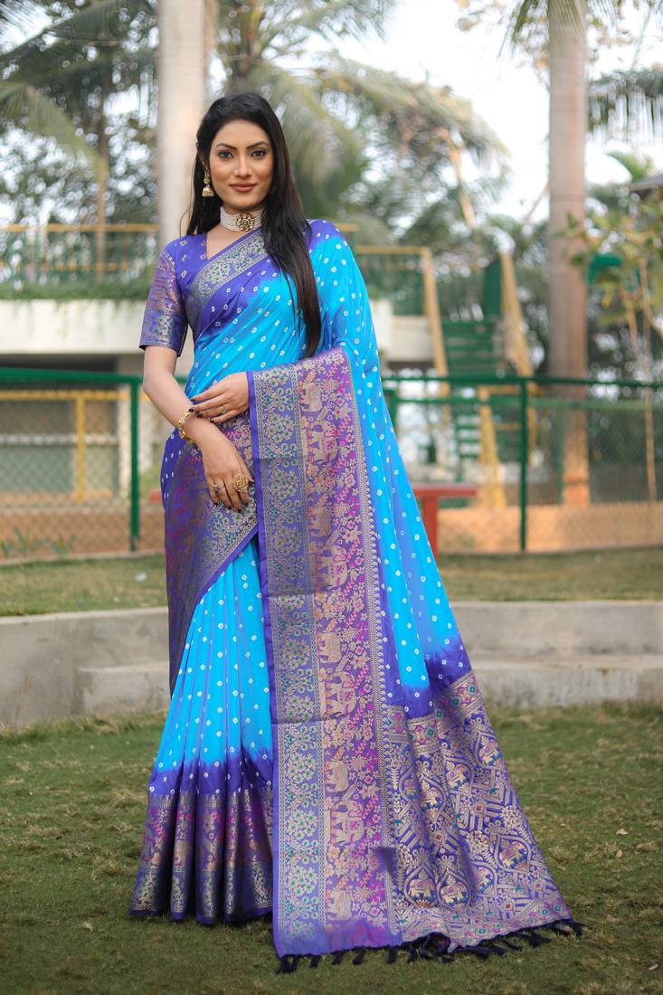 Anaita Sky Blue Woven Design Pure Bandhej Kanjivaram Soft Silk Saree - Distacart
