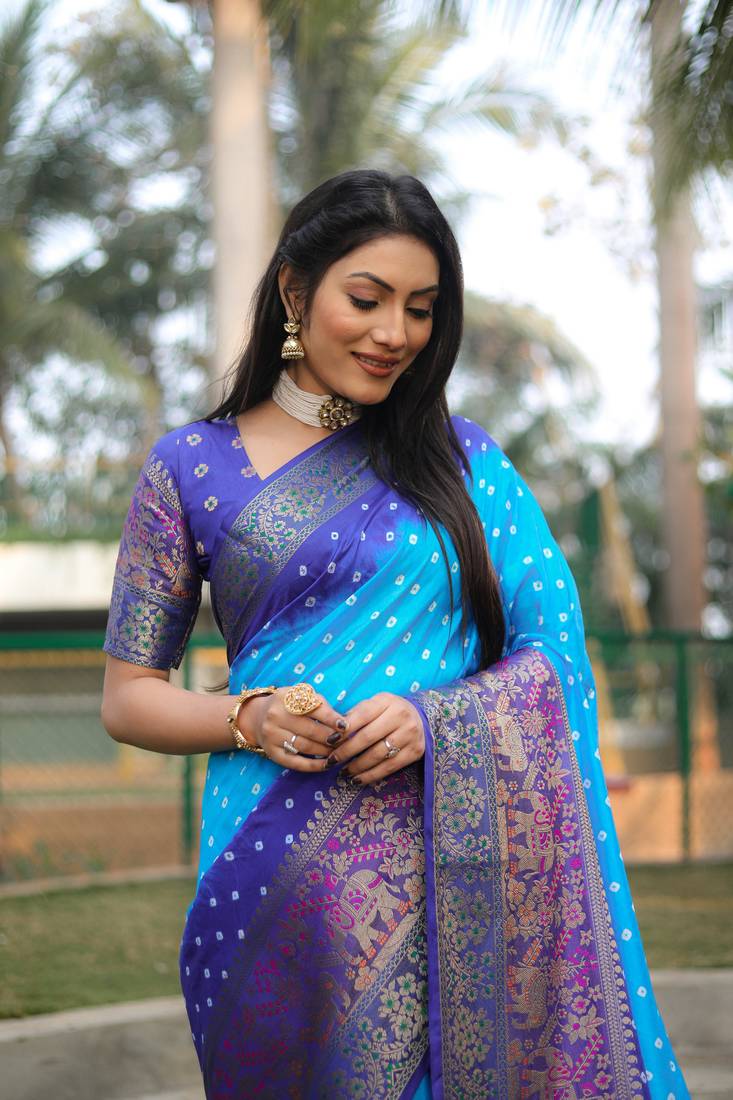 Anaita Sky Blue Woven Design Pure Bandhej Kanjivaram Soft Silk Saree - Distacart