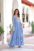 Lorenvalley Fashion Skyblue Faux Georgette with Zari & Sequins Embroidered Work Anarkali Gown with Dupatta - Distacart