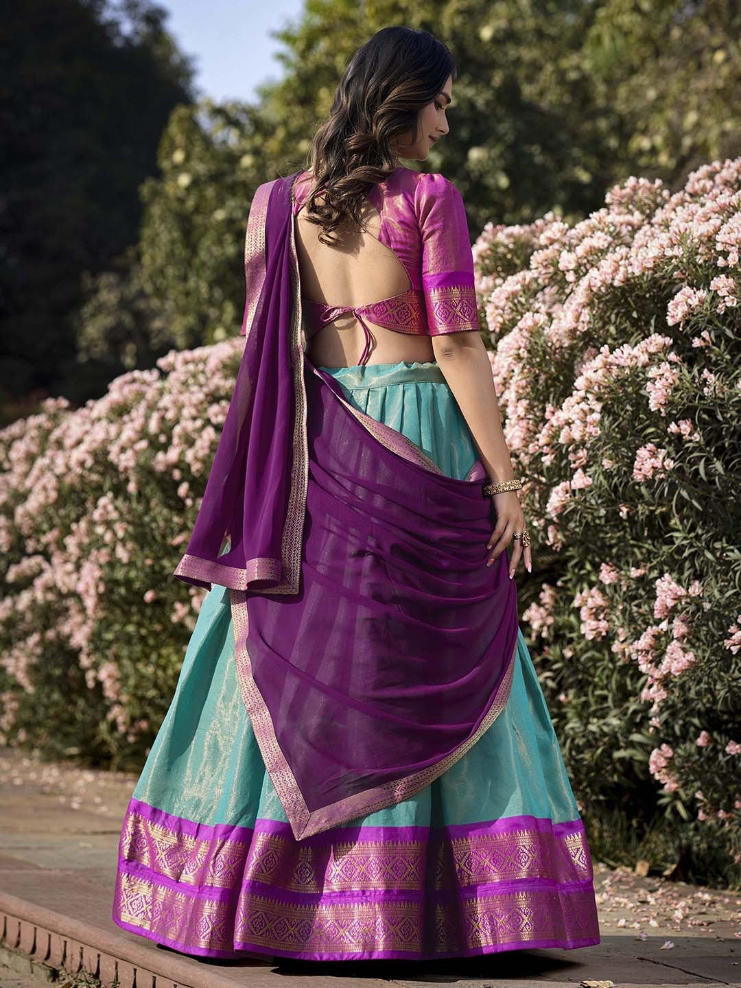 Lorenvalley Skyblue Kanchipuram Zari Weaving Work Lehenga Choli with Dupatta