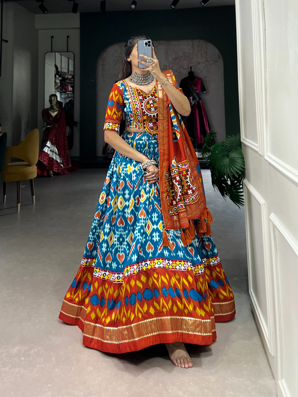 Lorenvalley Skyblue Tussar Silk Patola Print With Foil Work And Original Mirror Gamthi Lace Lehenga Choli with Dupatta