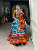 Lorenvalley Skyblue Tussar Silk Patola Print With Foil Work And Original Mirror Gamthi Lace Lehenga Choli with Dupatta