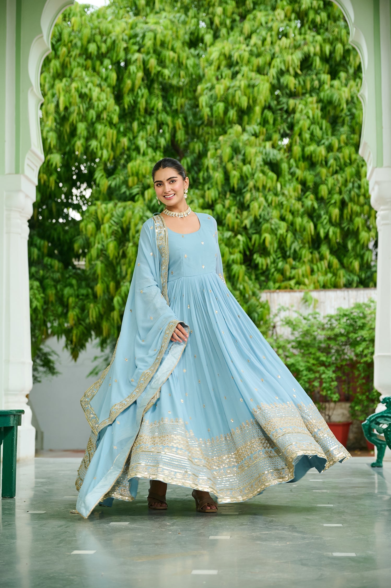 Lorenvalley Fashion Skyblue Faux Georgette with Embroidered work Anarkali Gown with Dupatta - Distacart