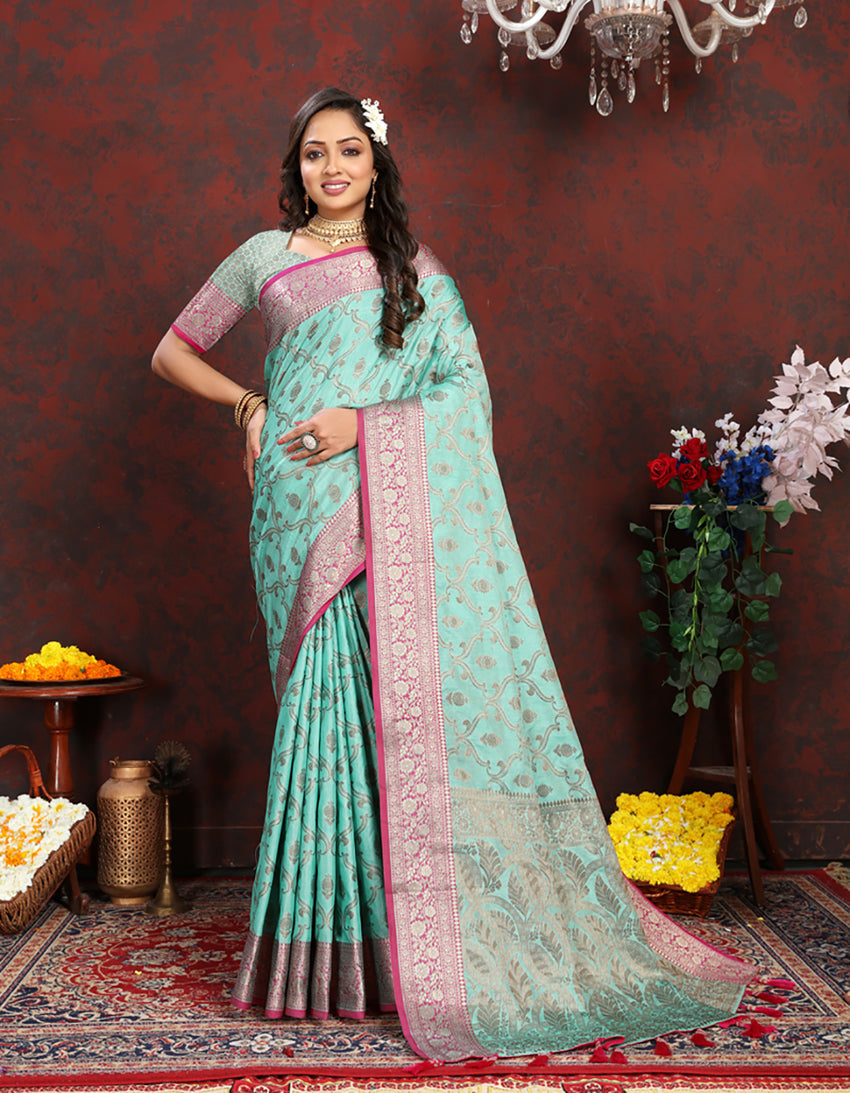 Lorenvalley Fashion Skyblue Soft Katan Silk Woven Design Rich Zari Weaving Pallu Saree