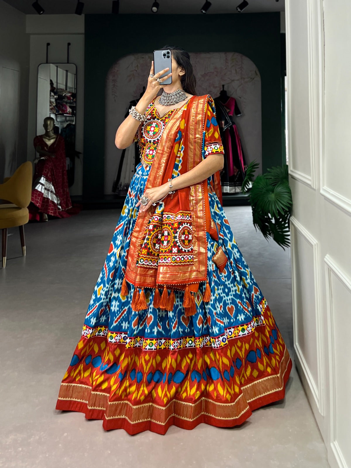 Lorenvalley Skyblue Tussar Silk Patola Print With Foil Work And Original Mirror Gamthi Lace Lehenga Choli with Dupatta
