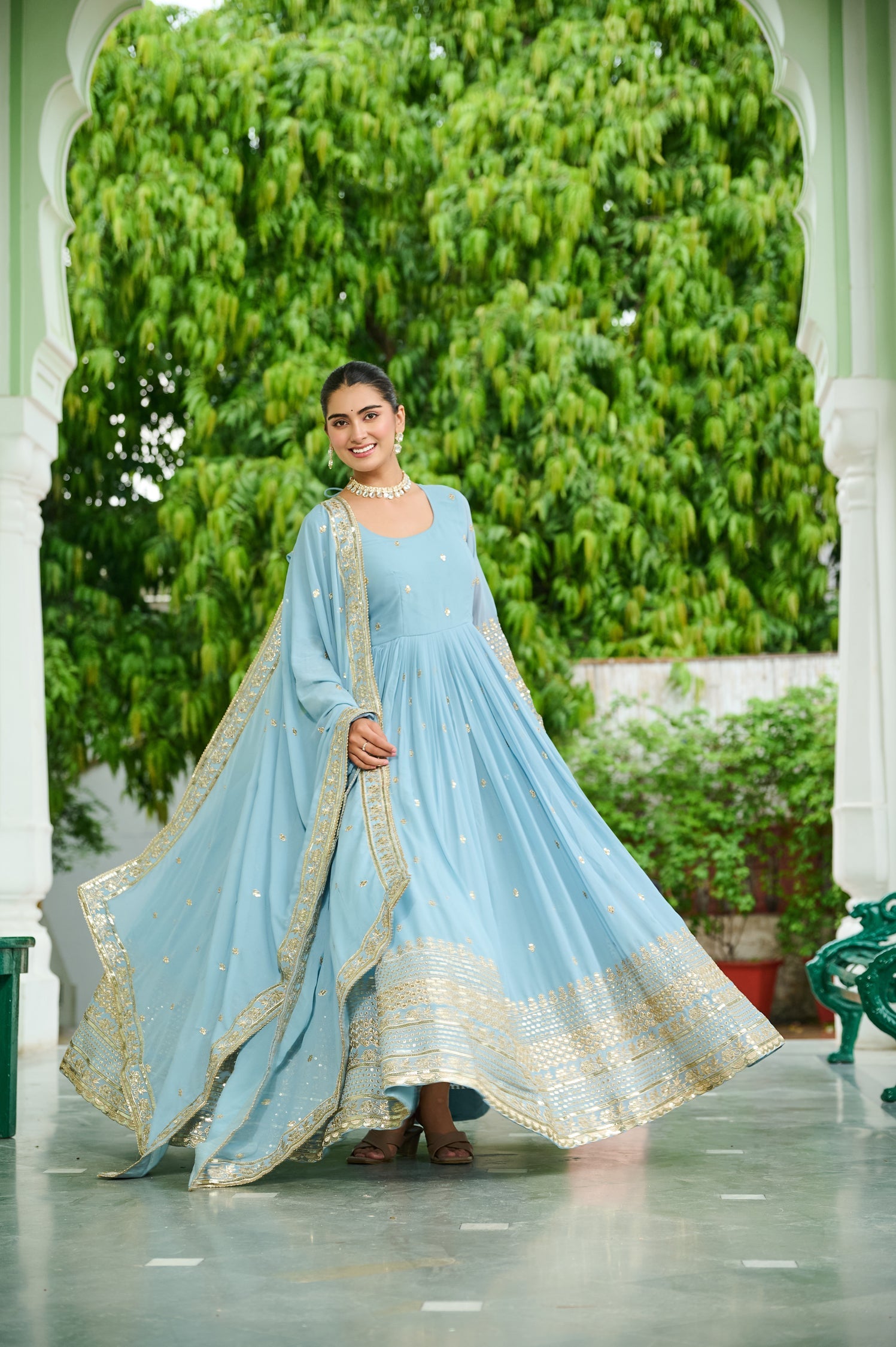 Lorenvalley Fashion Skyblue Faux Georgette with Embroidered work Anarkali Gown with Dupatta - Distacart