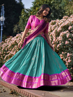 Lorenvalley Skyblue Kanchipuram Zari Weaving Work Lehenga Choli with Dupatta