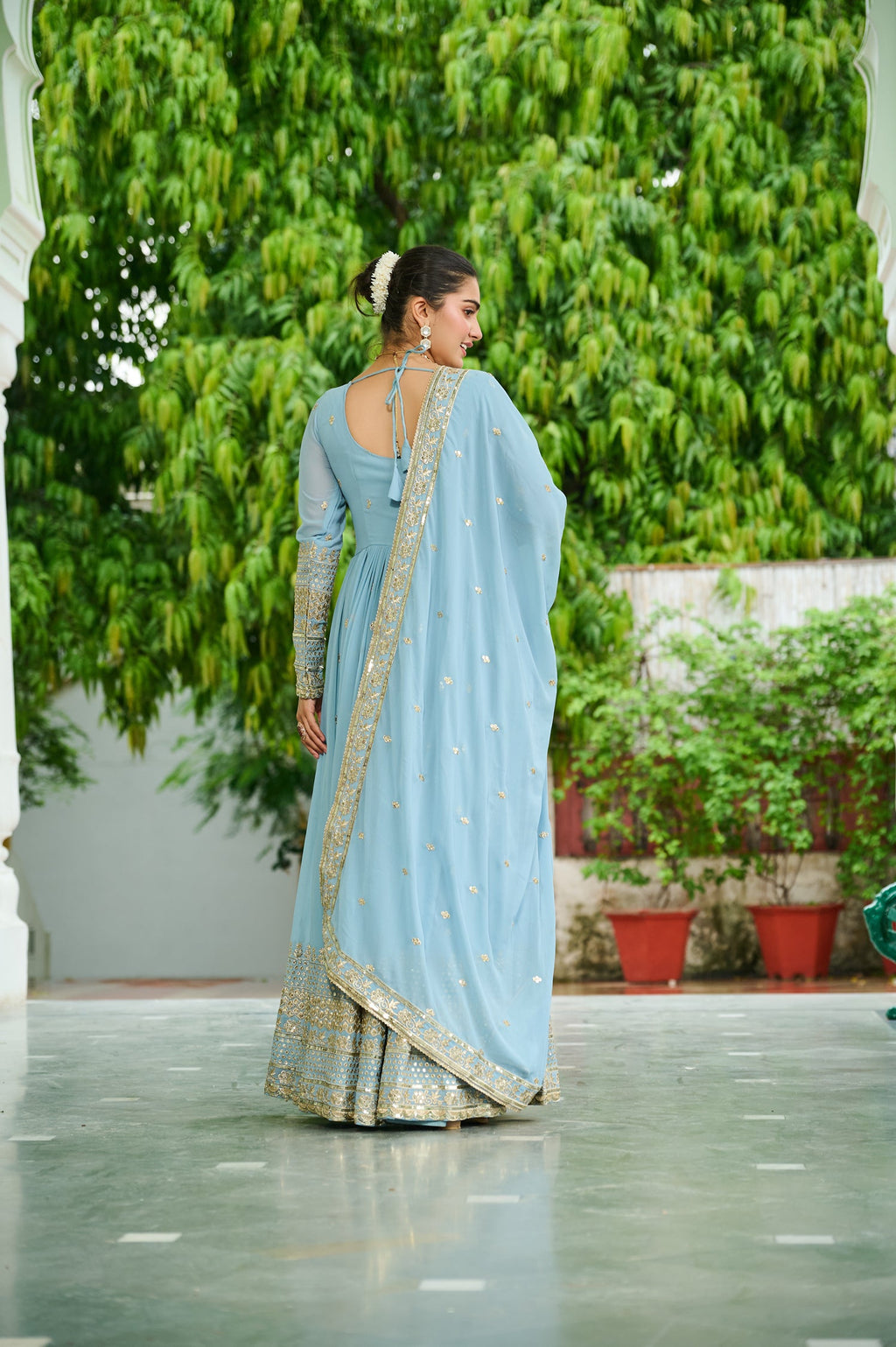 Lorenvalley Fashion Skyblue Faux Georgette with Embroidered work Anarkali Gown with Dupatta - Distacart