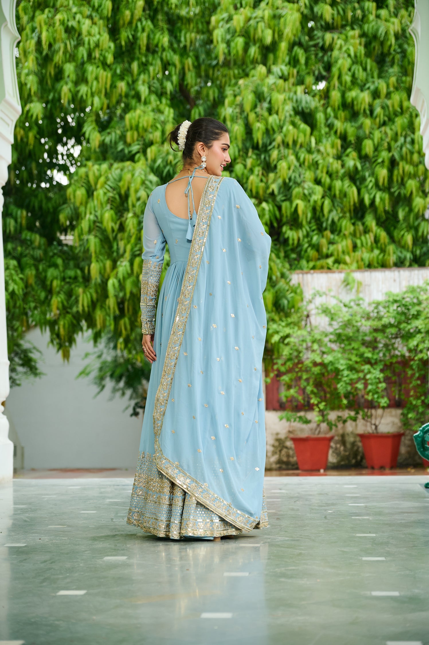 Lorenvalley Fashion Skyblue Faux Georgette with Embroidered work Anarkali Gown with Dupatta - Distacart
