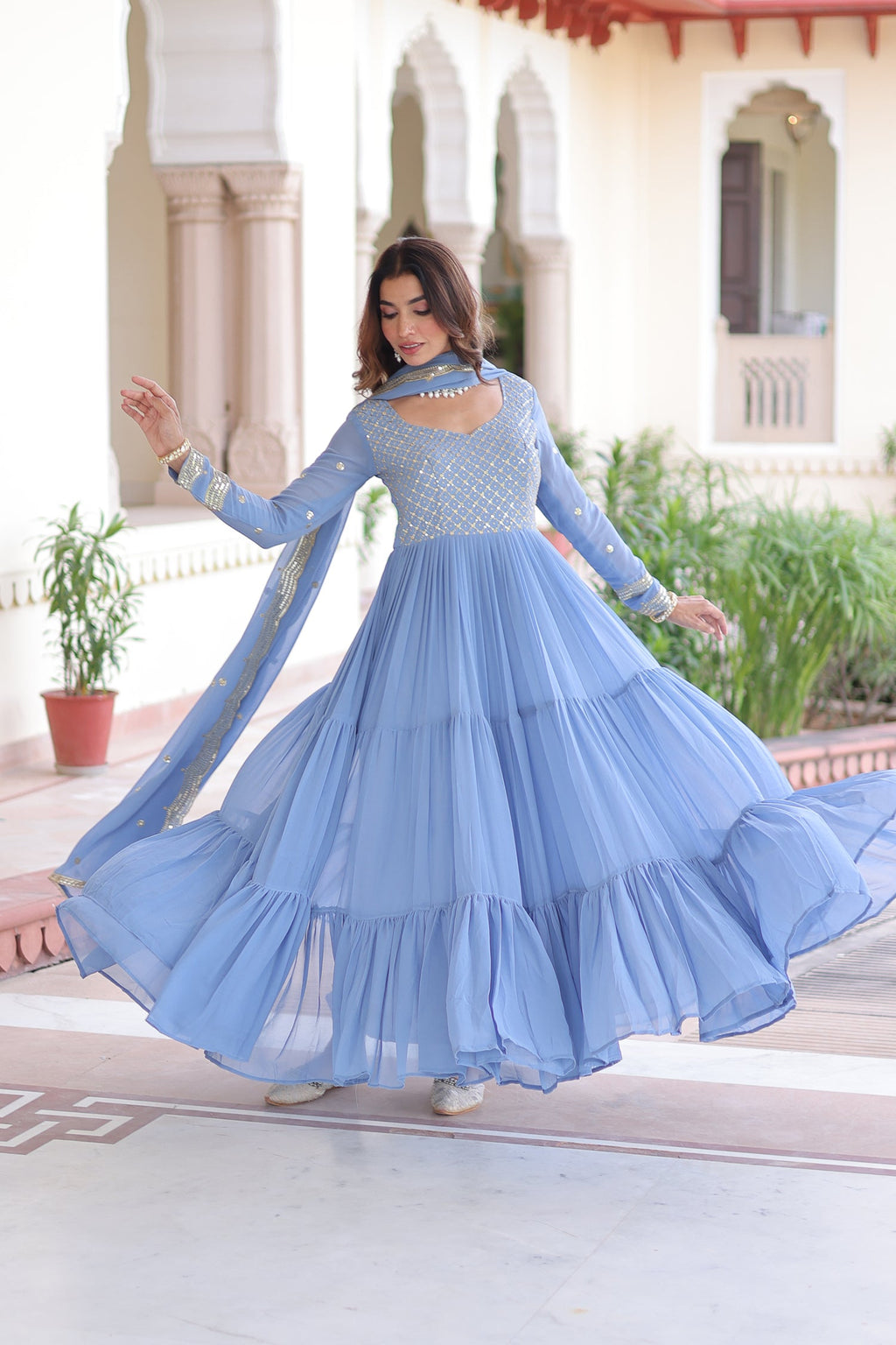 Lorenvalley Fashion Skyblue Faux Georgette with Zari & Sequins Embroidered Work Anarkali Gown with Dupatta - Distacart