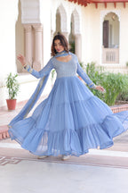 Lorenvalley Fashion Skyblue Faux Georgette with Zari & Sequins Embroidered Work Anarkali Gown with Dupatta - Distacart
