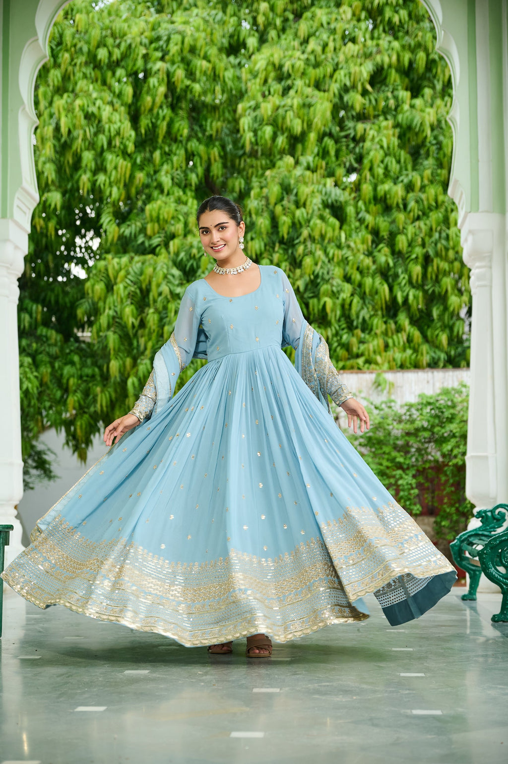 Lorenvalley Fashion Skyblue Faux Georgette with Embroidered work Anarkali Gown with Dupatta - Distacart