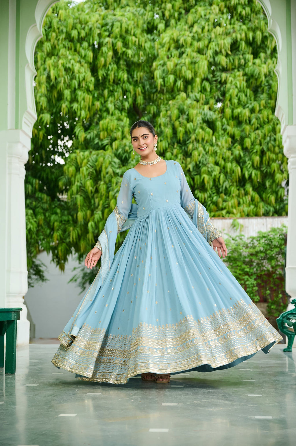 Lorenvalley Fashion Skyblue Faux Georgette with Embroidered work Anarkali Gown with Dupatta - Distacart