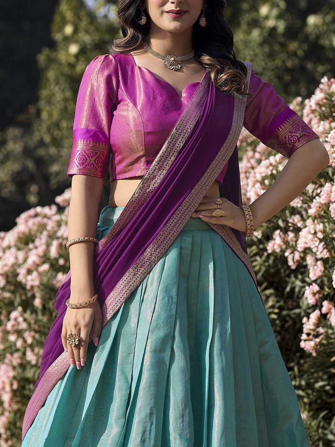 Lorenvalley Skyblue Kanchipuram Zari Weaving Work Lehenga Choli with Dupatta