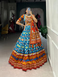 Lorenvalley Skyblue Tussar Silk Patola Print With Foil Work And Original Mirror Gamthi Lace Lehenga Choli with Dupatta