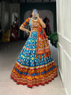 Lorenvalley Skyblue Tussar Silk Patola Print With Foil Work And Original Mirror Gamthi Lace Lehenga Choli with Dupatta