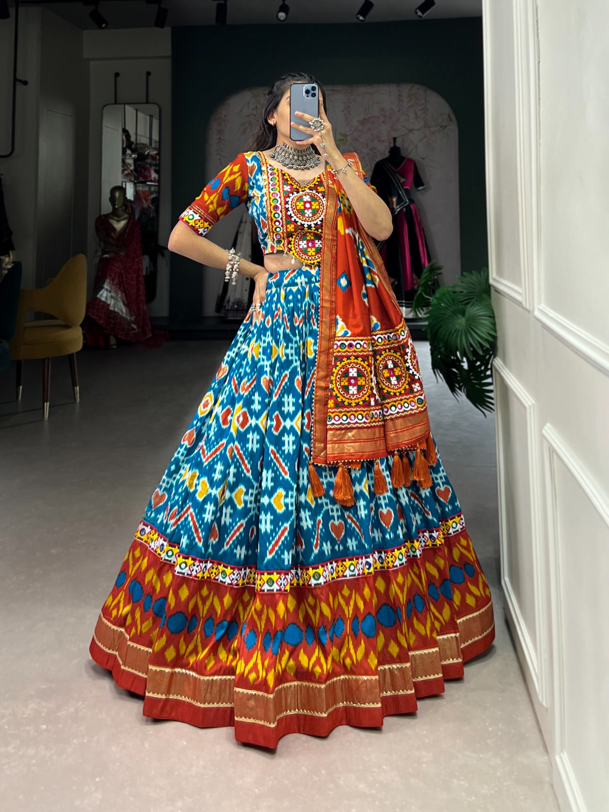 Lorenvalley Skyblue Tussar Silk Patola Print With Foil Work And Original Mirror Gamthi Lace Lehenga Choli with Dupatta