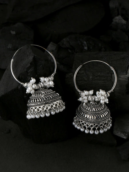 NVR Women's Silver Toned Dome Shaped Jhumkas Earrings