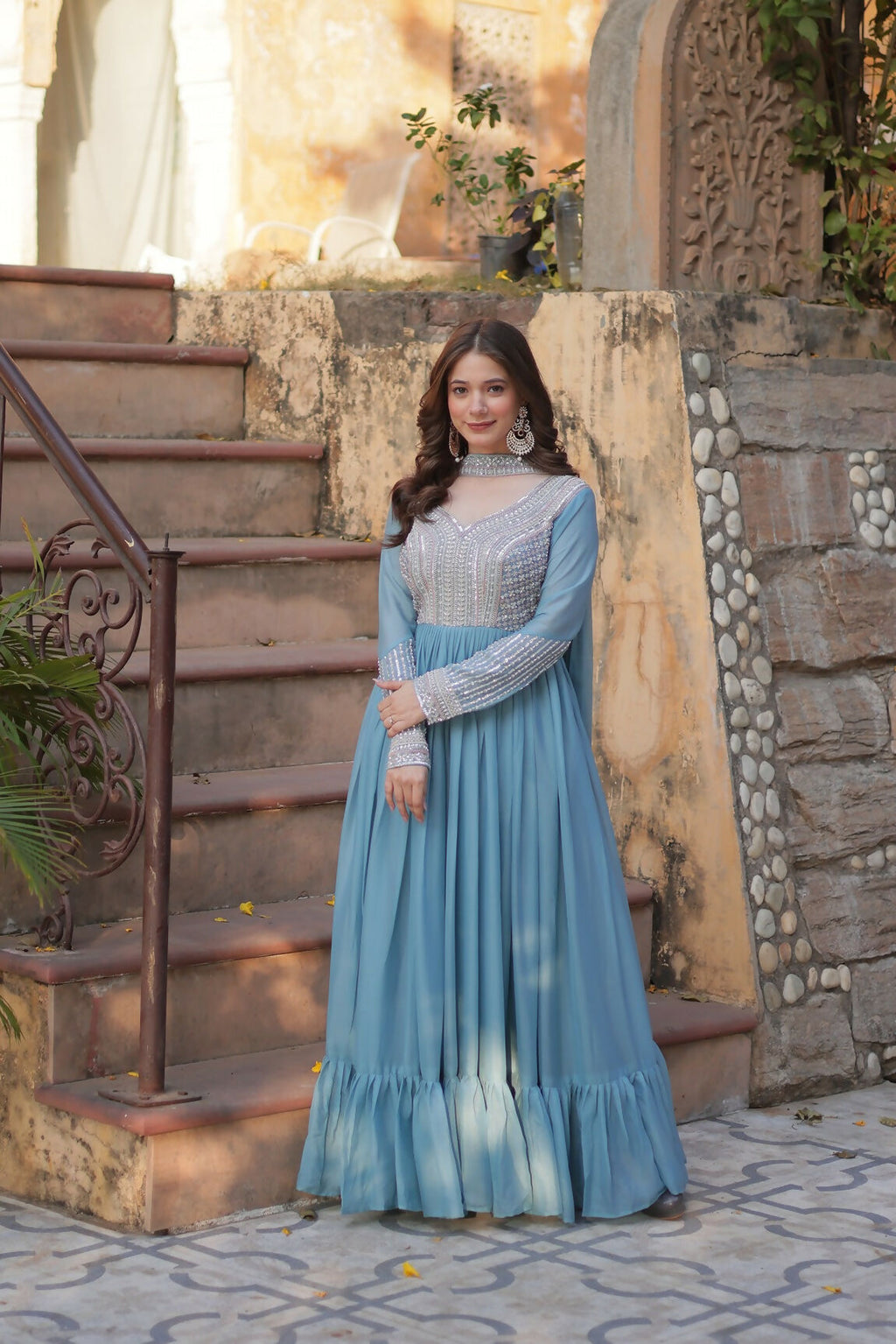 Joban Fashion Sky Blue Georgette Sequence Embroidery Work Kurta Set - Distacart