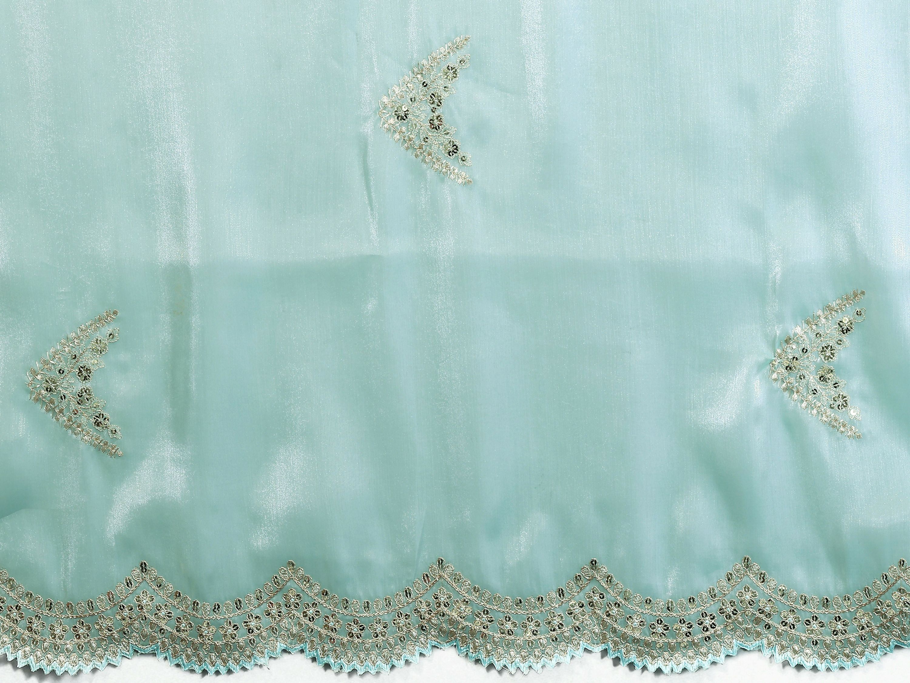 Vastranavya Sky Blue Embroidery Work Shimmer Chiffon Saree with Unstitched Blouse - Distacart