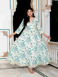 Miravan Women's Light Green Cotton Gotapatti And Lace Border Birds And Leaf Anarkali Kurta