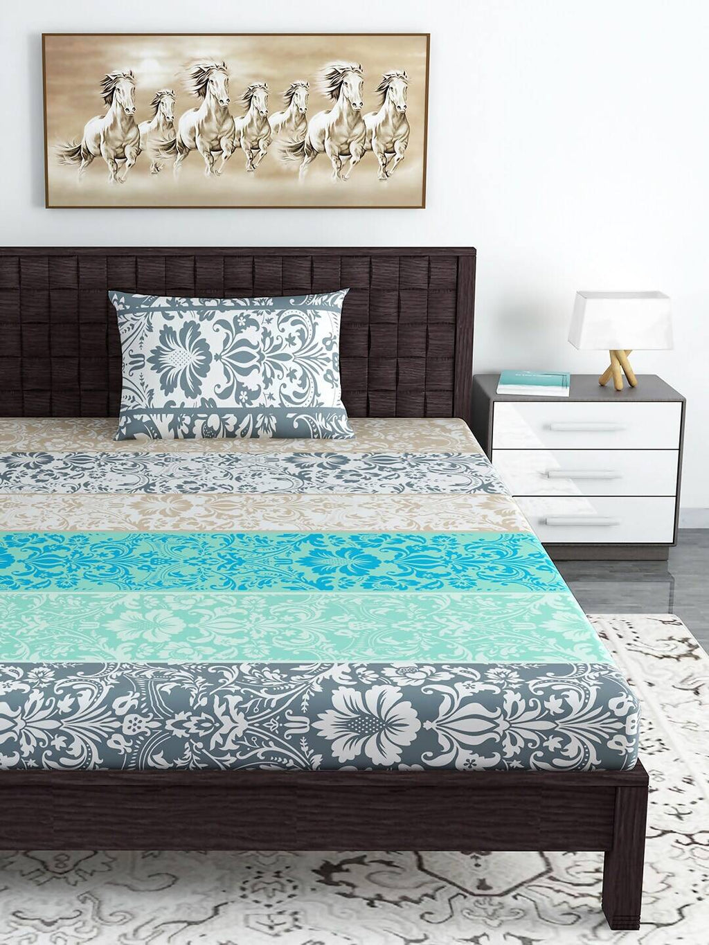 Divine Casa Blue & Grey Ethnic Motifs 120 TC Bedsheet with Pillow Covers - Distacart