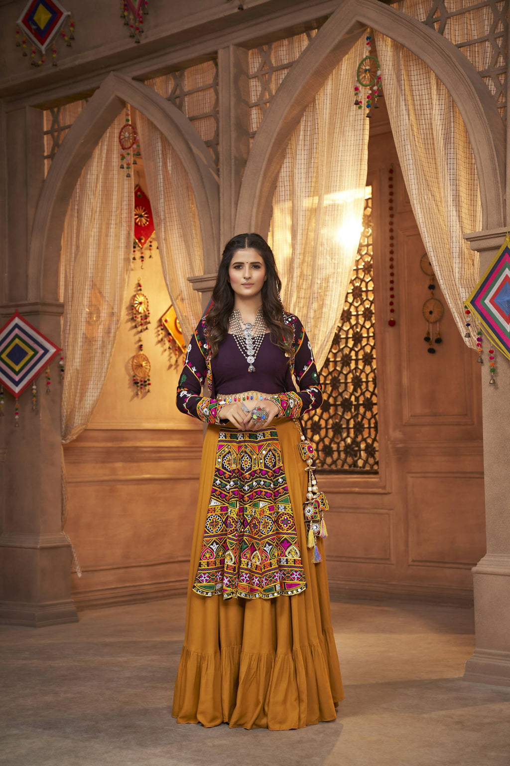 Mustared Yellow Viscose Rayon Thread Embroidered Work With Mirror All Over Navratri Lehenga Choli With Dupatta - Raas