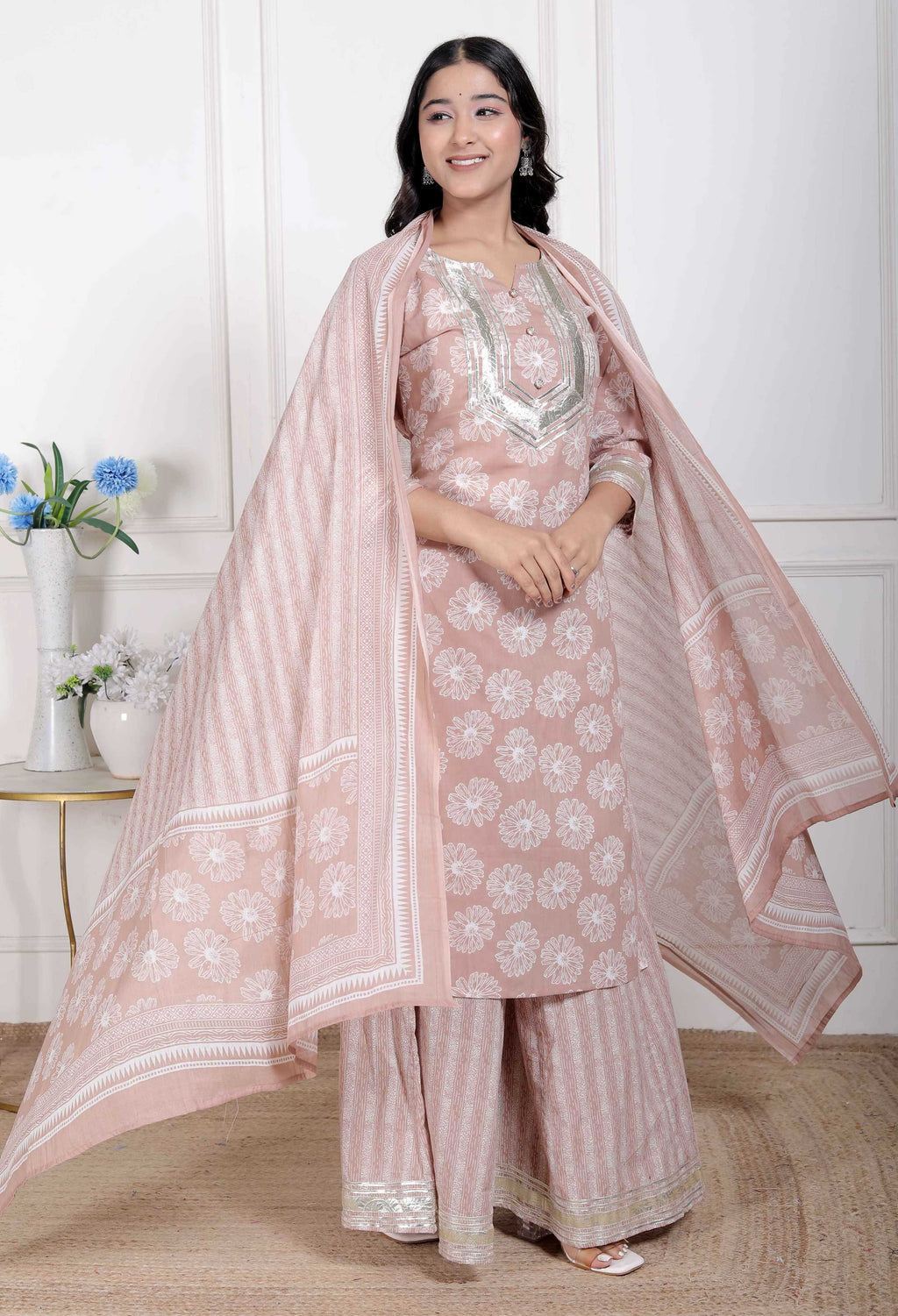 Miravan Women Brown Floral Printed Cotton Straight Ethnic Kurta with Palazzo and Dupatta