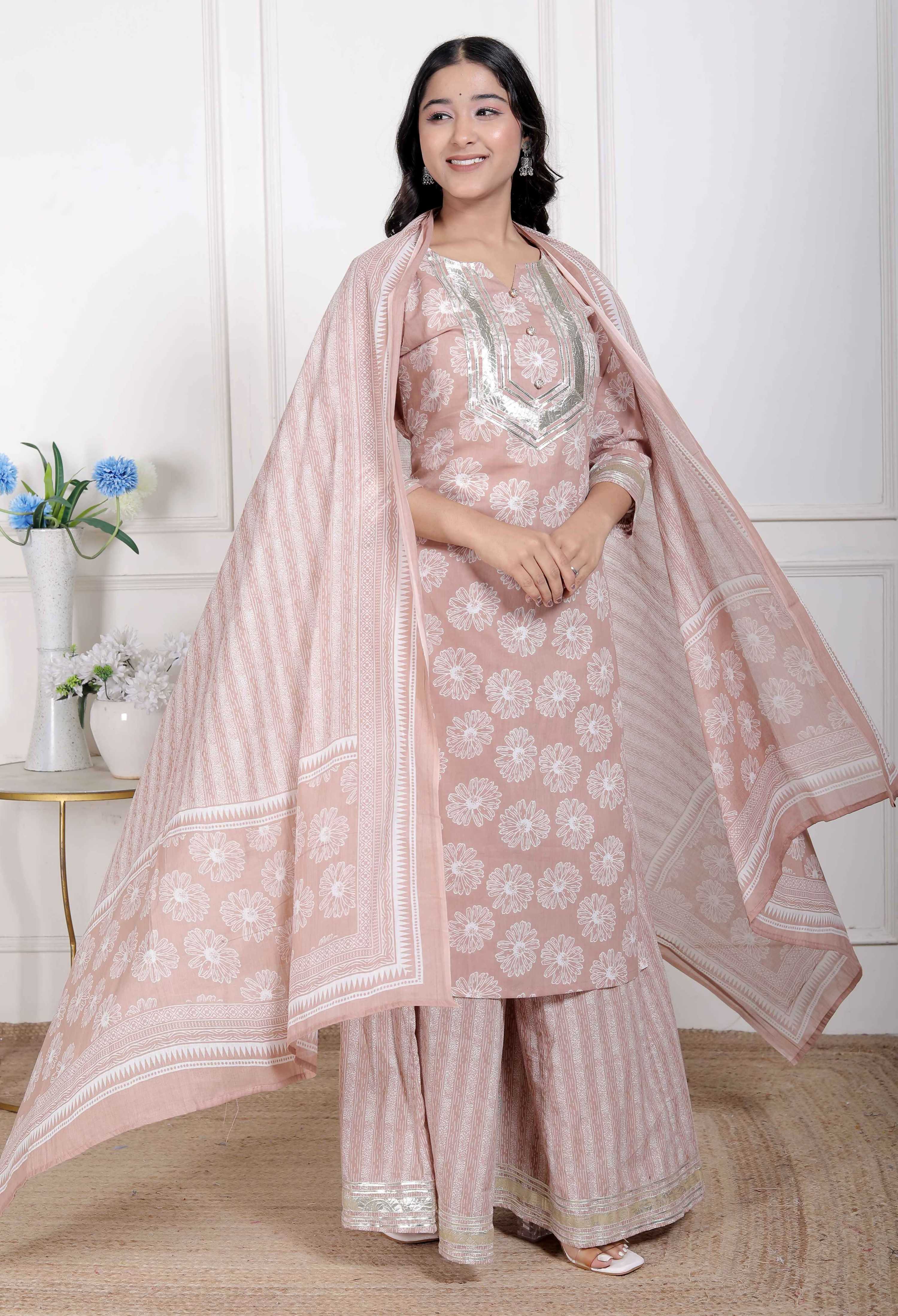 Miravan Women Brown Floral Printed Cotton Straight Ethnic Kurta with Palazzo and Dupatta