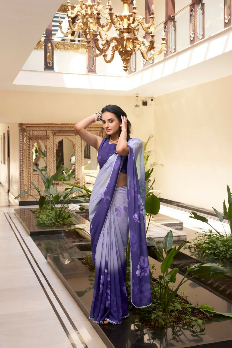 Vastranavya Purple Weightless Marble Printed & Trim Lace Border Saree with Unstitched Blouse