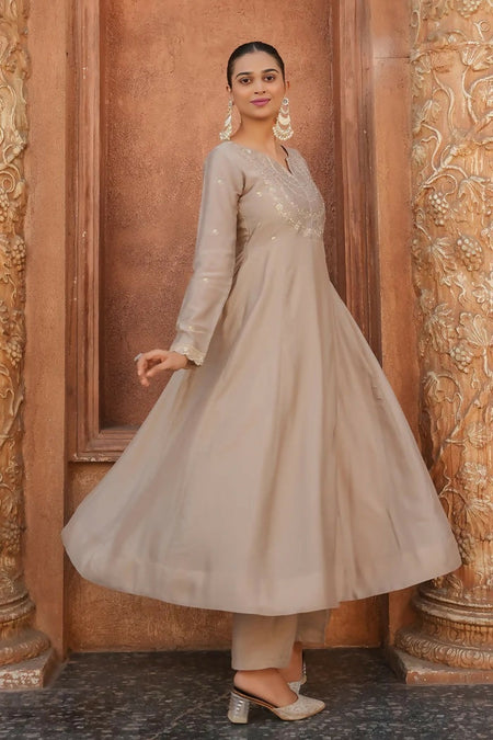 The52 Brown Women's Gorgeous Vichitra Silk Fabric Embroidered Work Flared Anarkali Pant and Dupatta Set