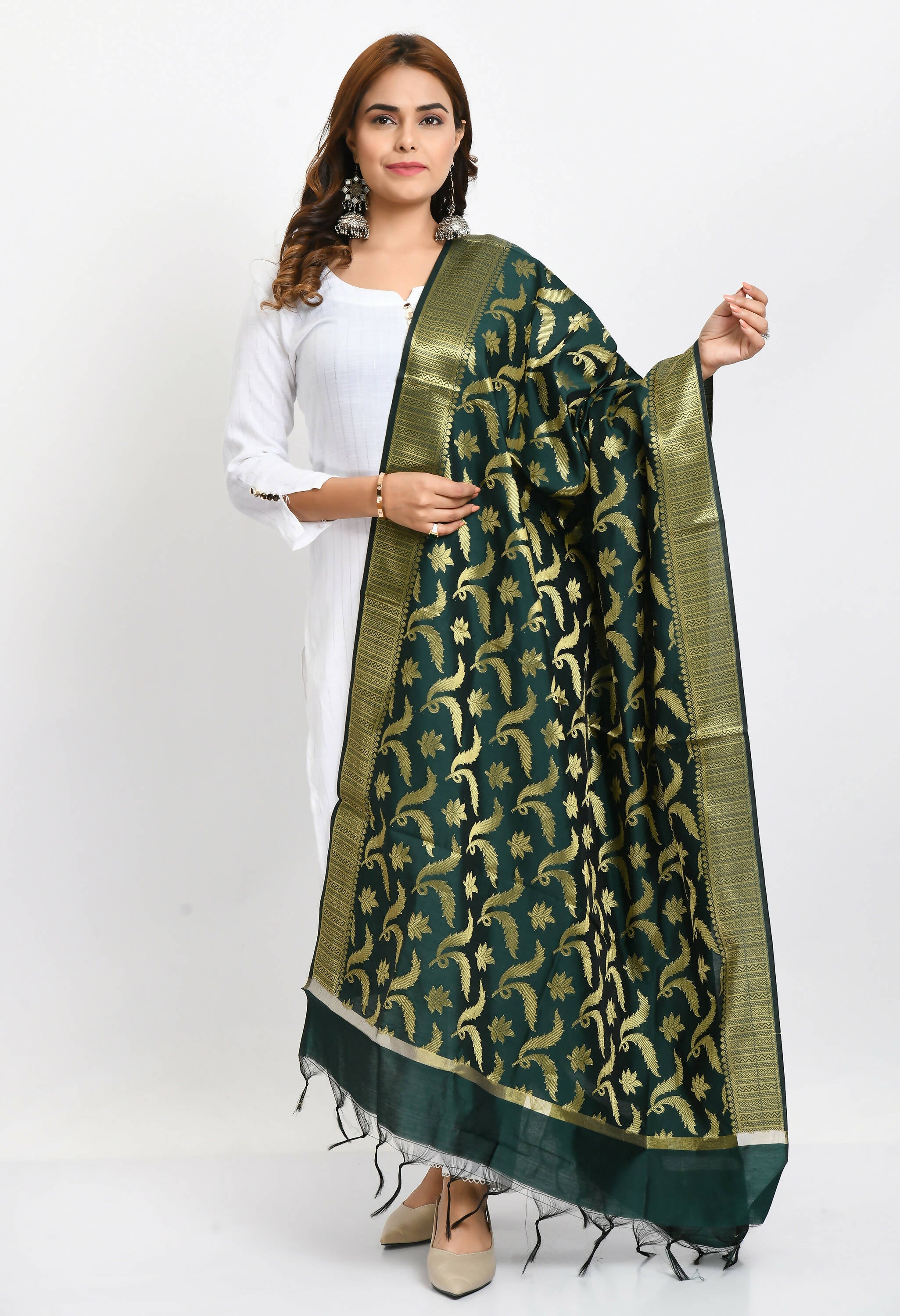 Mominos Fashion Moeza Women's Banarsi Silk Floral Woven Design Bottle Green Dupatta - Distacart