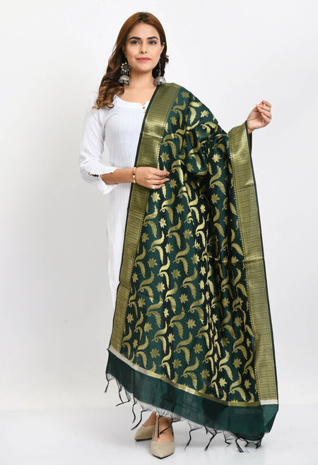 Mominos Fashion Moeza Women's Banarsi Silk Floral Woven Design Bottle Green Dupatta