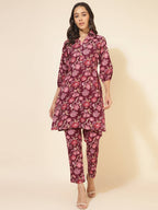 Janasya Women's Purple Cotton Floral Printed Casual Straight Kurta Set