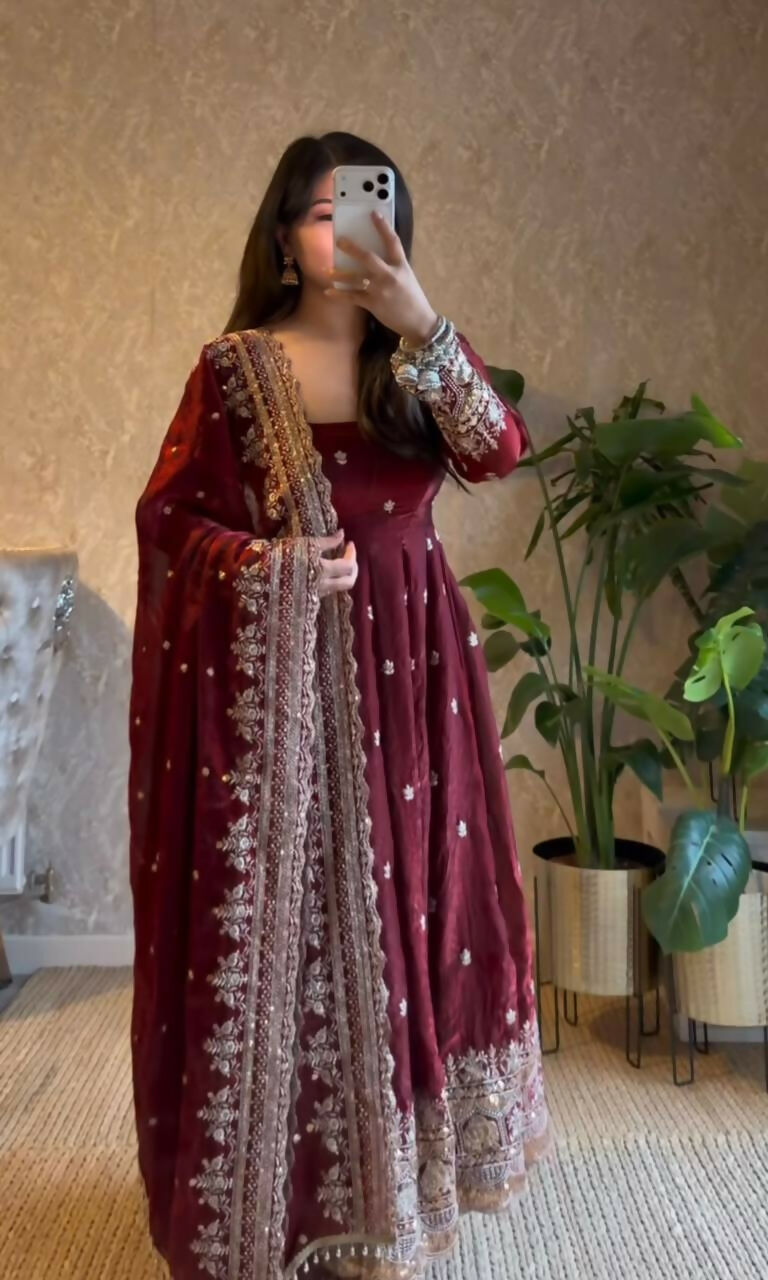 Teeya Creation Maroon Fendi Silk Designer Heavy Work Wedding Wear Long Gown